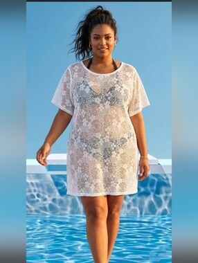 Alysé & Collections Plus Size White Lace Swim Cover-Up Dress Boho, Size 1X